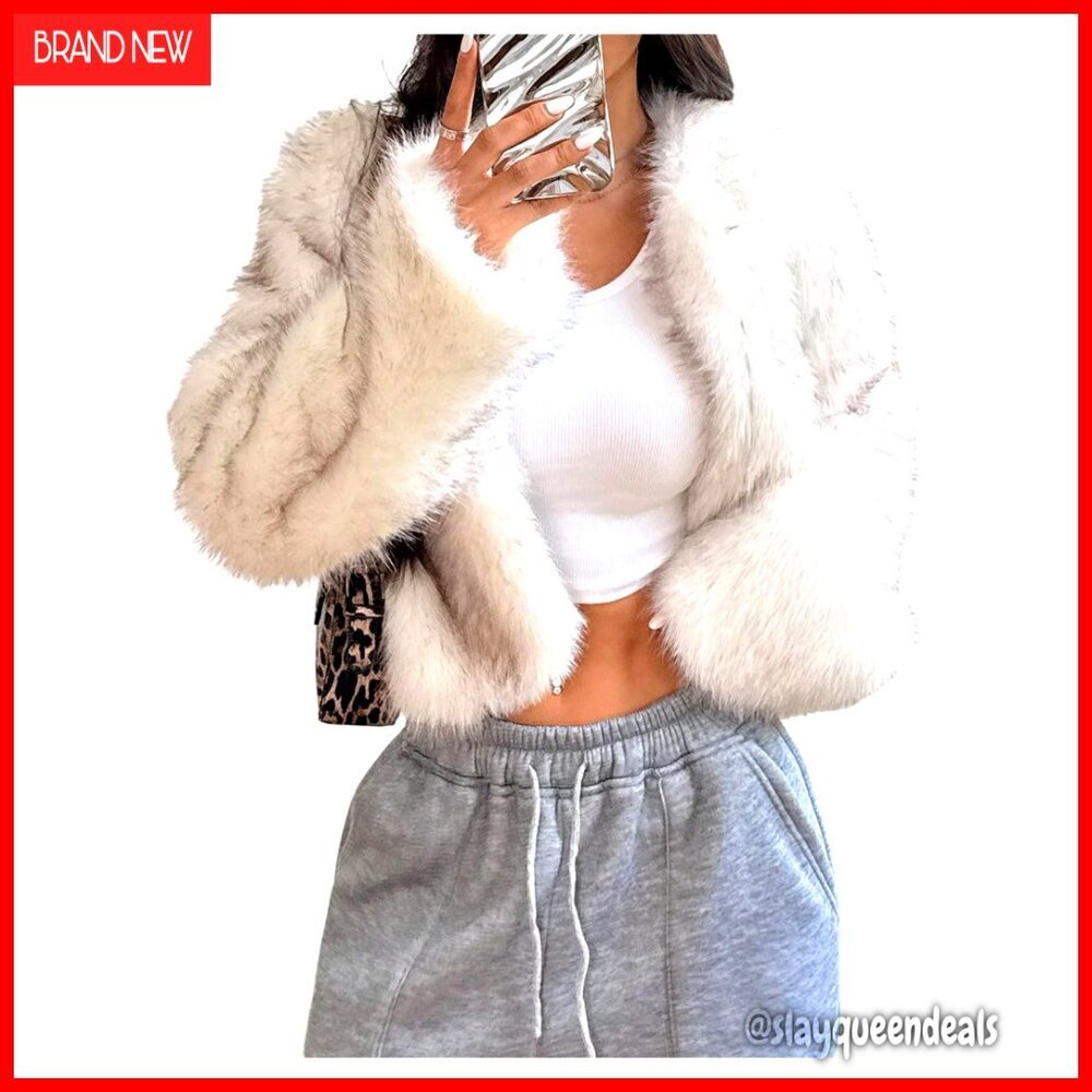 Faux Fur Cropped Jacket Open Front Long Sleeve Fuzzy Outerwear